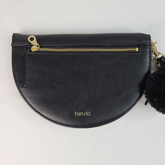 💥 3/$30 Ban.do black faux leather clutch wristlet wallet w/attached poof accent - Picture 3 of 13